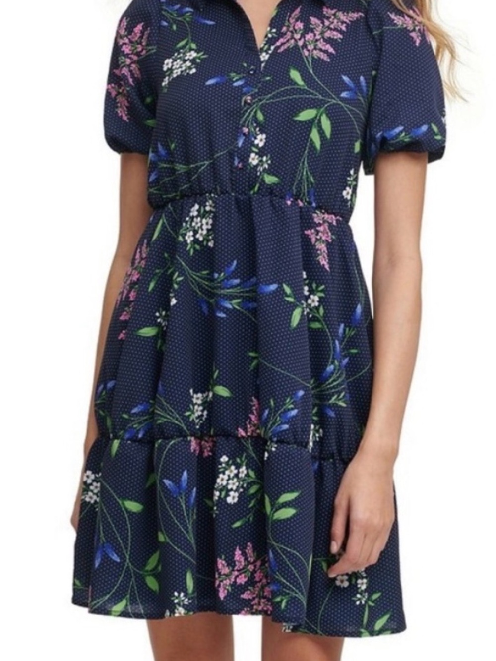 Kensie Navy Floral Short Sleeve Tiered Mini Dress with Pink & Green Accents